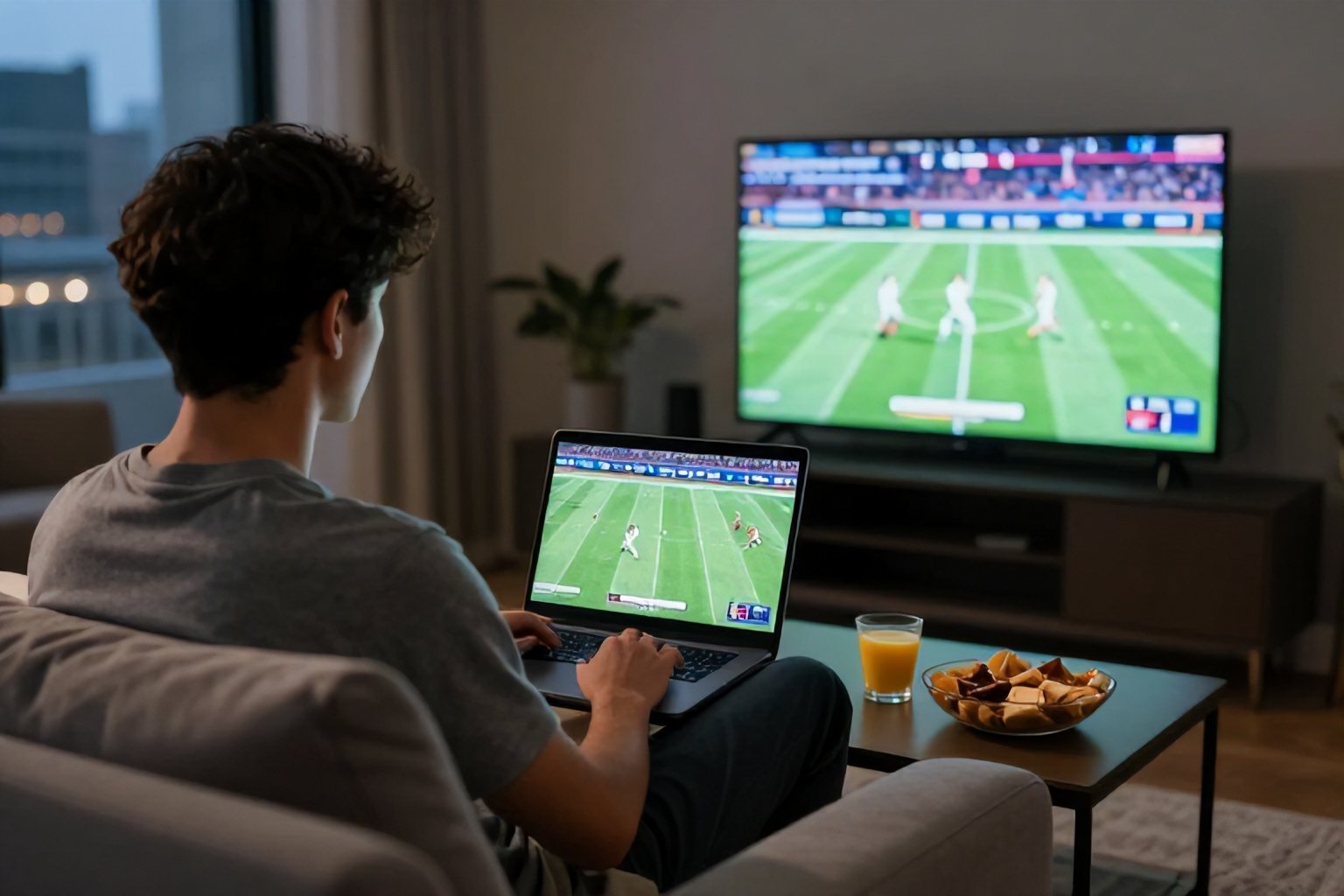 Fan streaming an NFL game on a laptop in a New York apartment