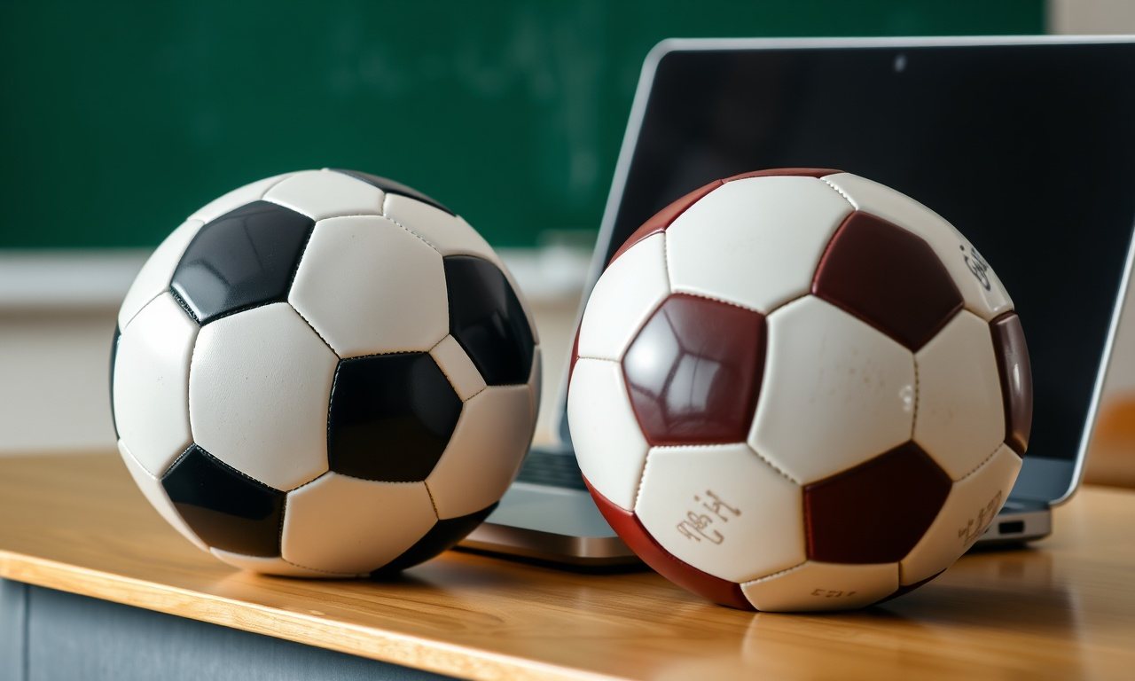 An American football and a soccer ball on a desk next to a laptop
