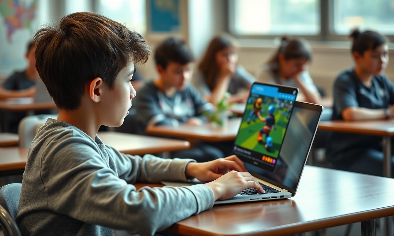 Student playing a browser game on a Chromebook at a school desk