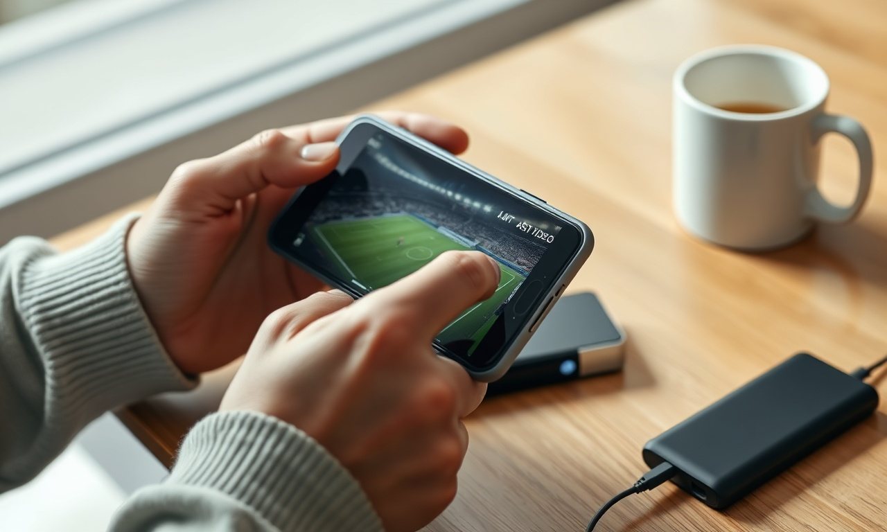 Phone streaming a football game next to a portable charger and coffee