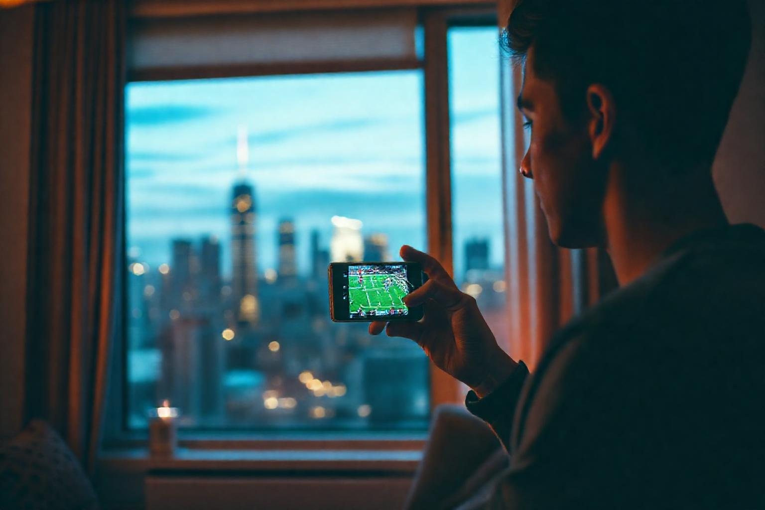Fan watching a football game on a smartphone in a New York apartment